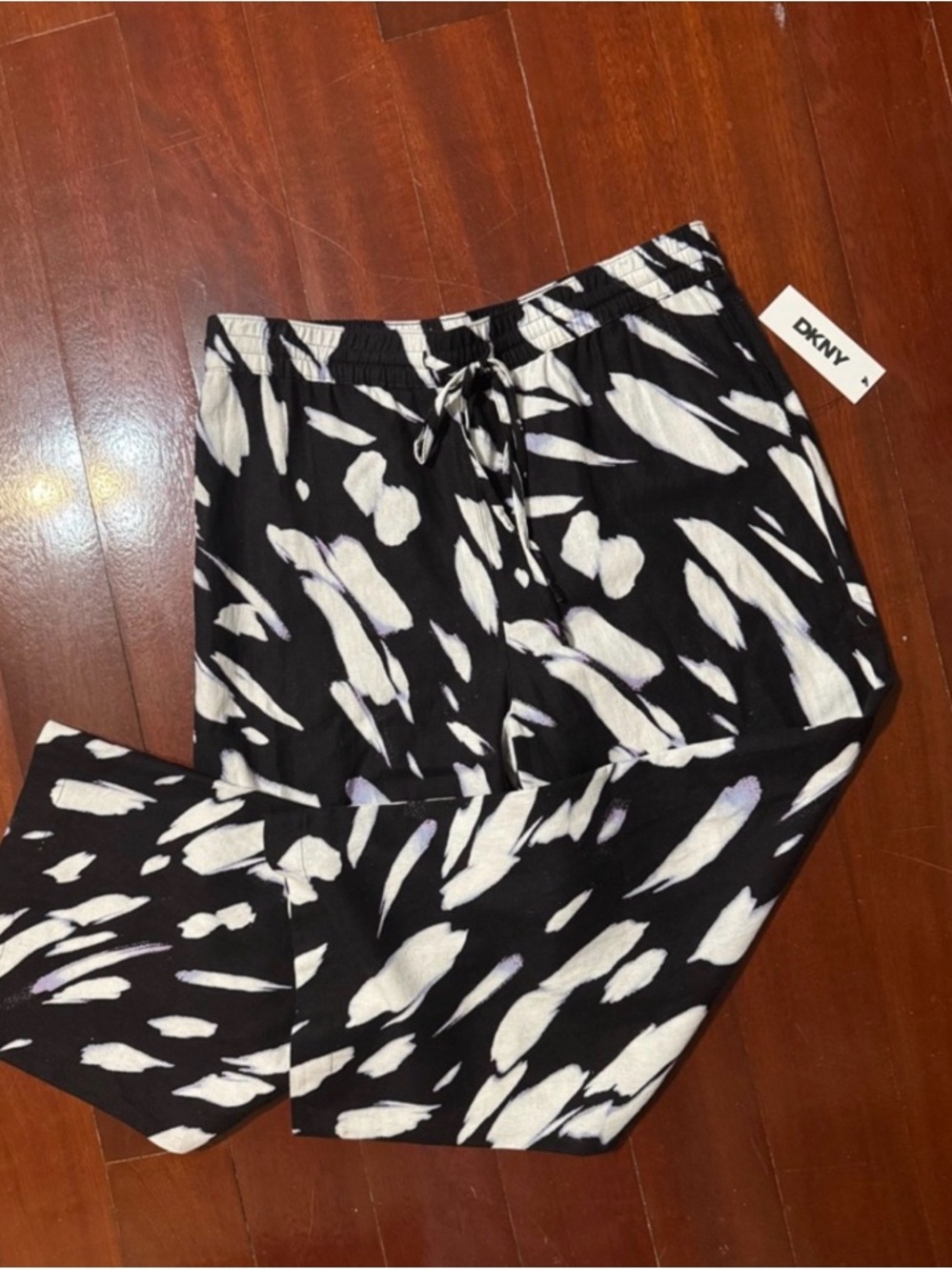 NWT Womens Pants Linen Printed Drawstring Black/ Wave Blue Multi size M - Picture 2 of 6